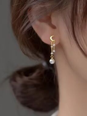Gold Crescent Moon Pearl Drop Earrings